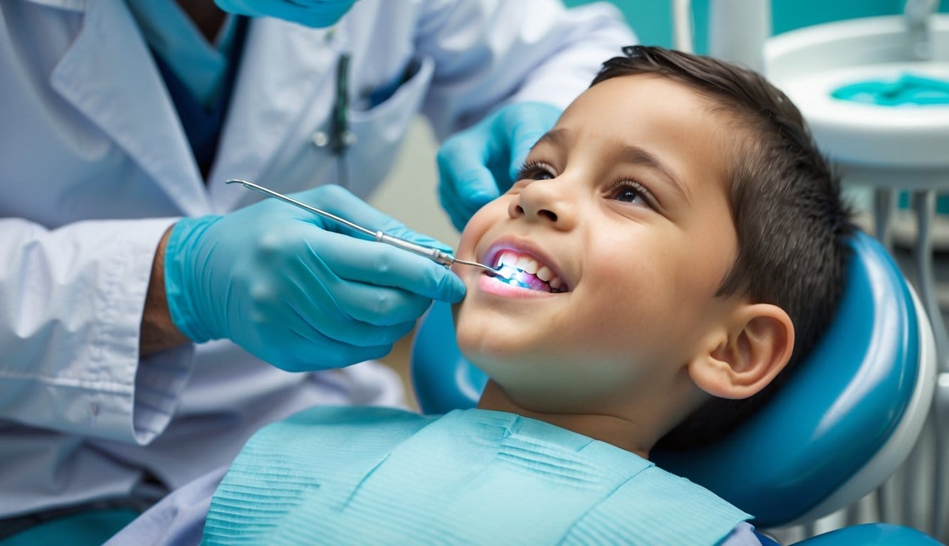 Dentista a aplicar selantes dentários nos dentes de uma criança sentada numa cadeira dentária.